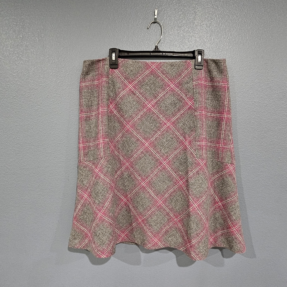 TALBOTS Wool Blend Gray Pink Plaid Trumpet A-Line Skirt Size 16